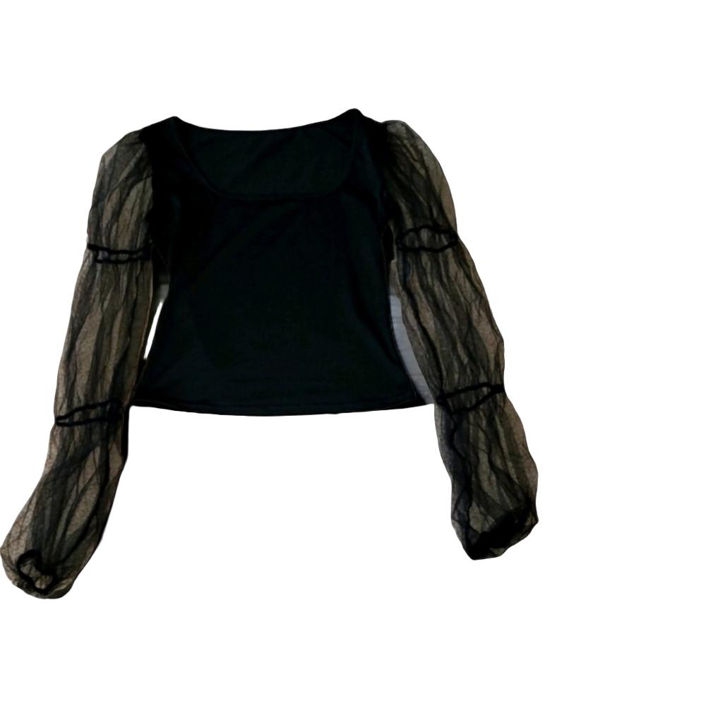 Black Sheer long sleeve puff sleeve top - Picture 2 of 7